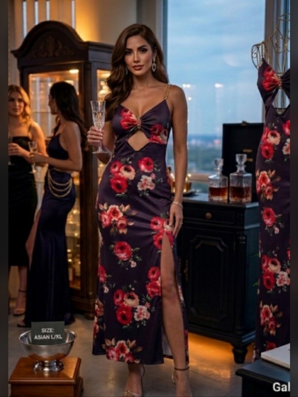 ChicMe Floral Maxi Dress with Gold Chain Detail - Size L